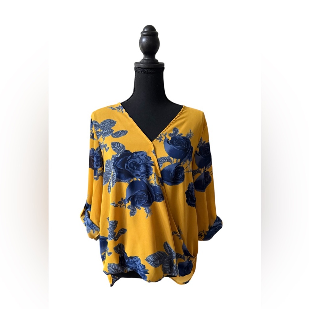 West Kei Mustard Yellow and Blue Rose Floral V-Neck Blouse